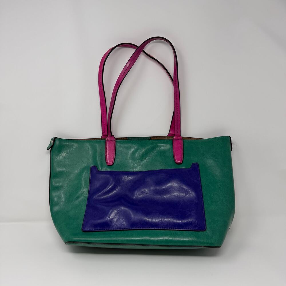 Colorblock tote bag in vibrant blue, green and hot pink